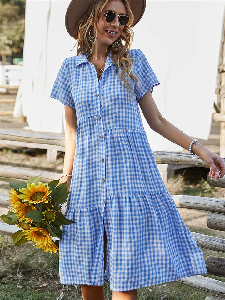 Summer New Temperament Commuter Women's Lapel Plaid High Waist Short-sleeved Dress Shirt Collar Casual Large Swing Type Skirt