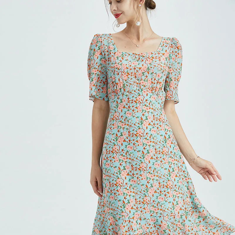 Summer Silk Dress French Square Neck Dress