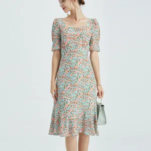 Summer Silk Dress French Square Neck Dress
