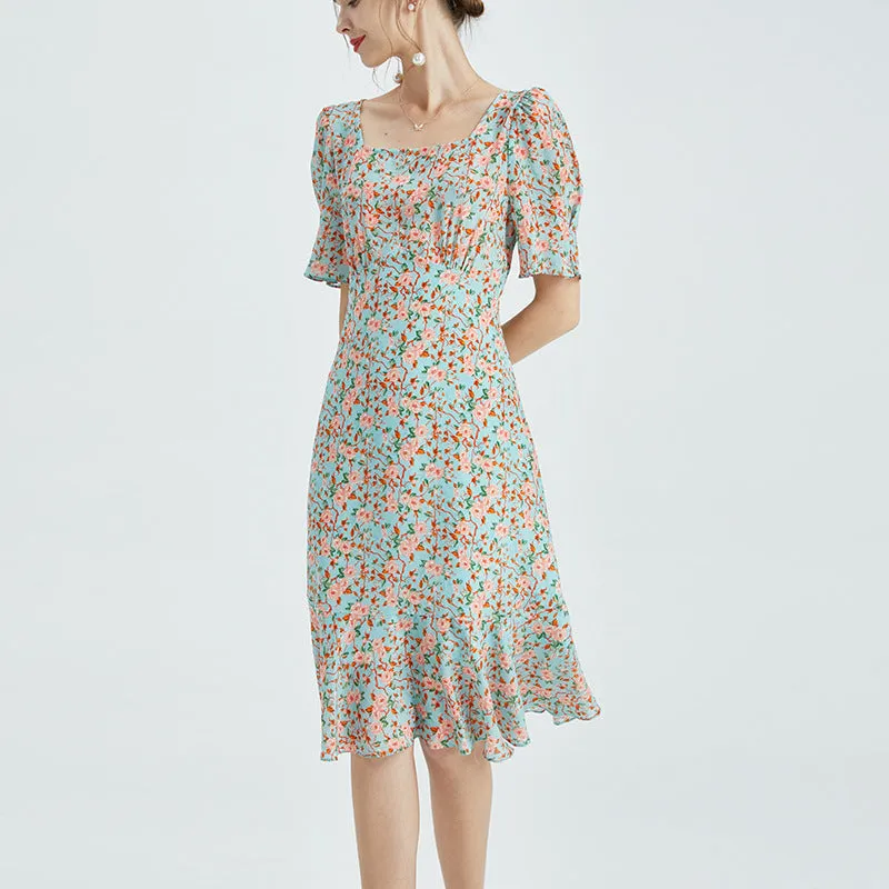 Summer Silk Dress French Square Neck Dress