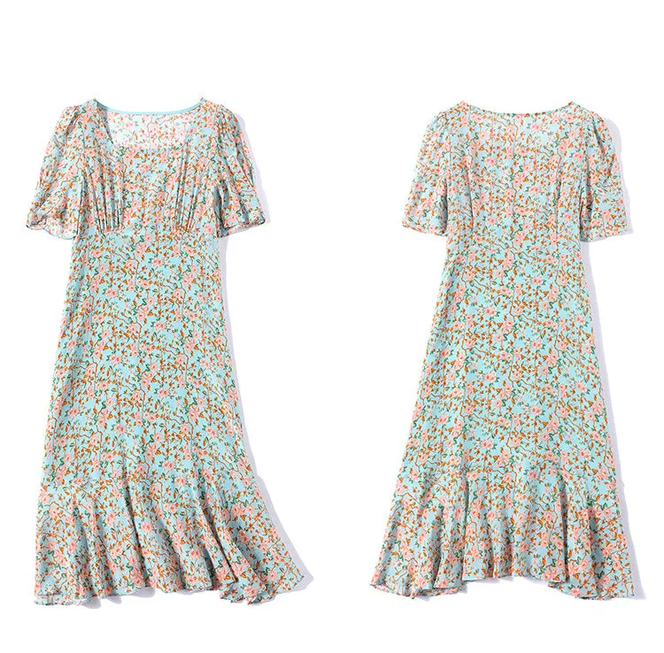 Summer Silk Dress French Square Neck Dress