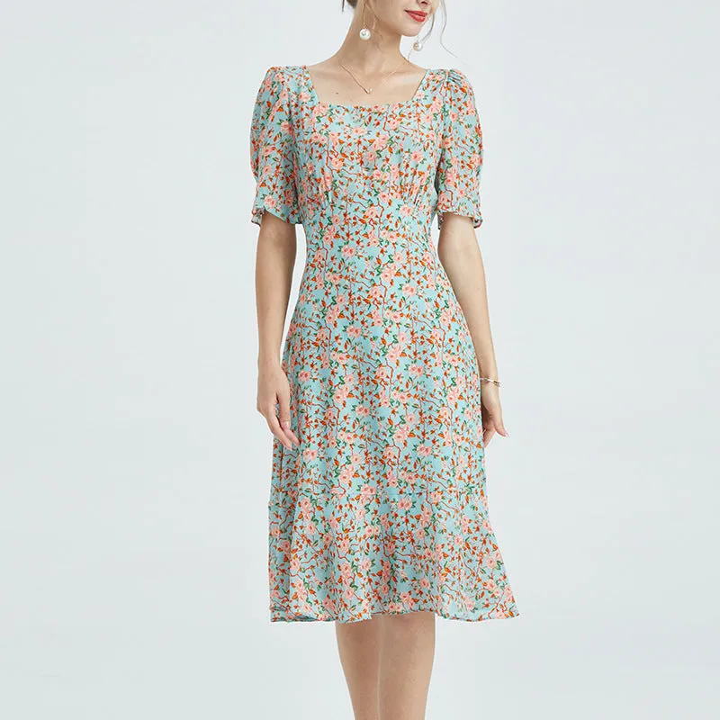 Summer Silk Dress French Square Neck Dress