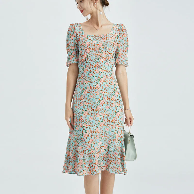 Summer Silk Dress French Square Neck Dress