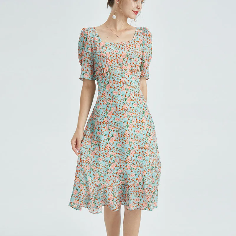 Summer Silk Dress French Square Neck Dress