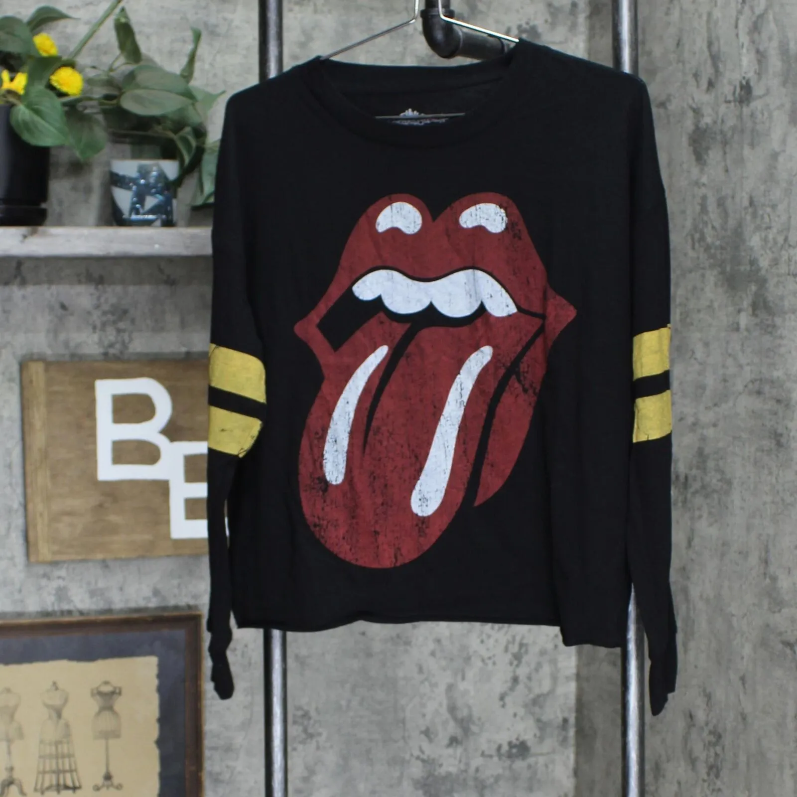 The Rolling Stones Women's Varsity Long Sleeve Graphic T-Shirt Tee Black L