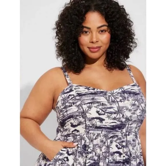 Torrid Lenny Smocked Sleeveless Blue White Print Jungle Toile Midi Dress Size 3X