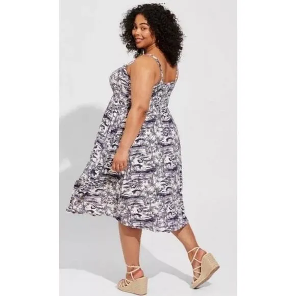 Torrid Lenny Smocked Sleeveless Blue White Print Jungle Toile Midi Dress Size 3X
