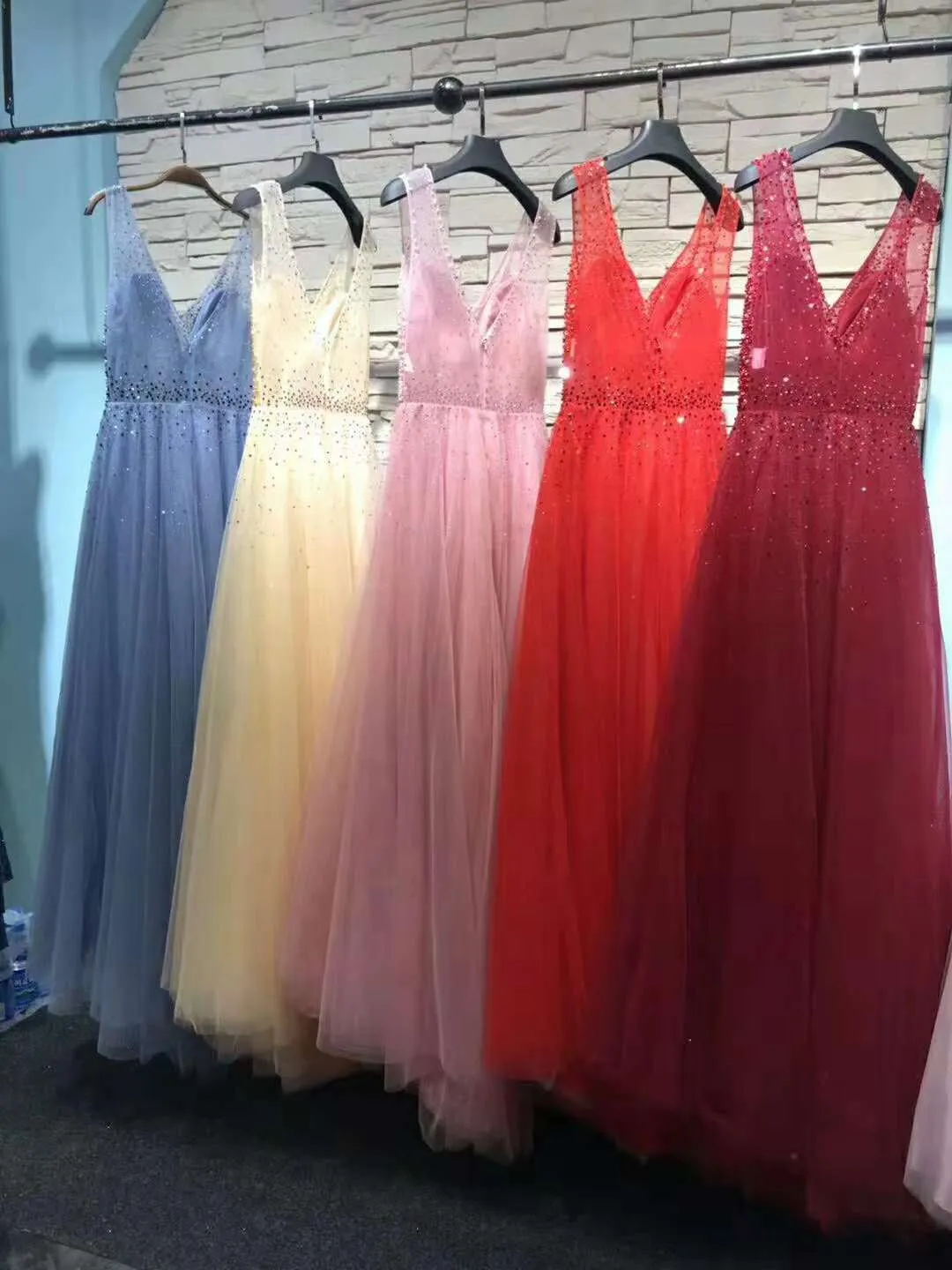 Tulle Handmade Beaded V-neckline Long Formal Gown, Tulle Prom Dress