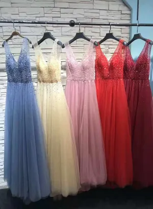 Tulle Handmade Beaded V-neckline Long Formal Gown, Tulle Prom Dress