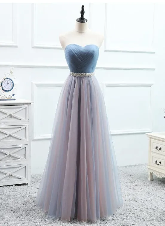 Tulle Sweetheart Blue Long Bridesmaid Dress with Belt, Charming Party Dress