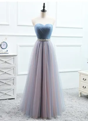 Tulle Sweetheart Blue Long Bridesmaid Dress with Belt, Charming Party Dress