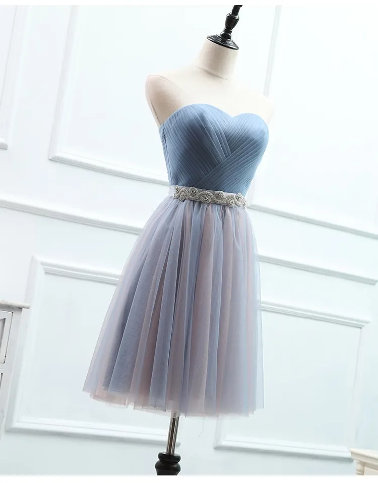 Tulle Sweetheart Blue Long Bridesmaid Dress with Belt, Charming Party Dress