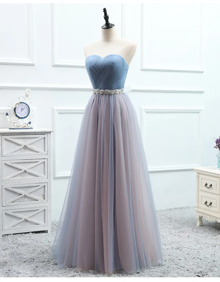 Tulle Sweetheart Blue Long Bridesmaid Dress with Belt, Charming Party Dress