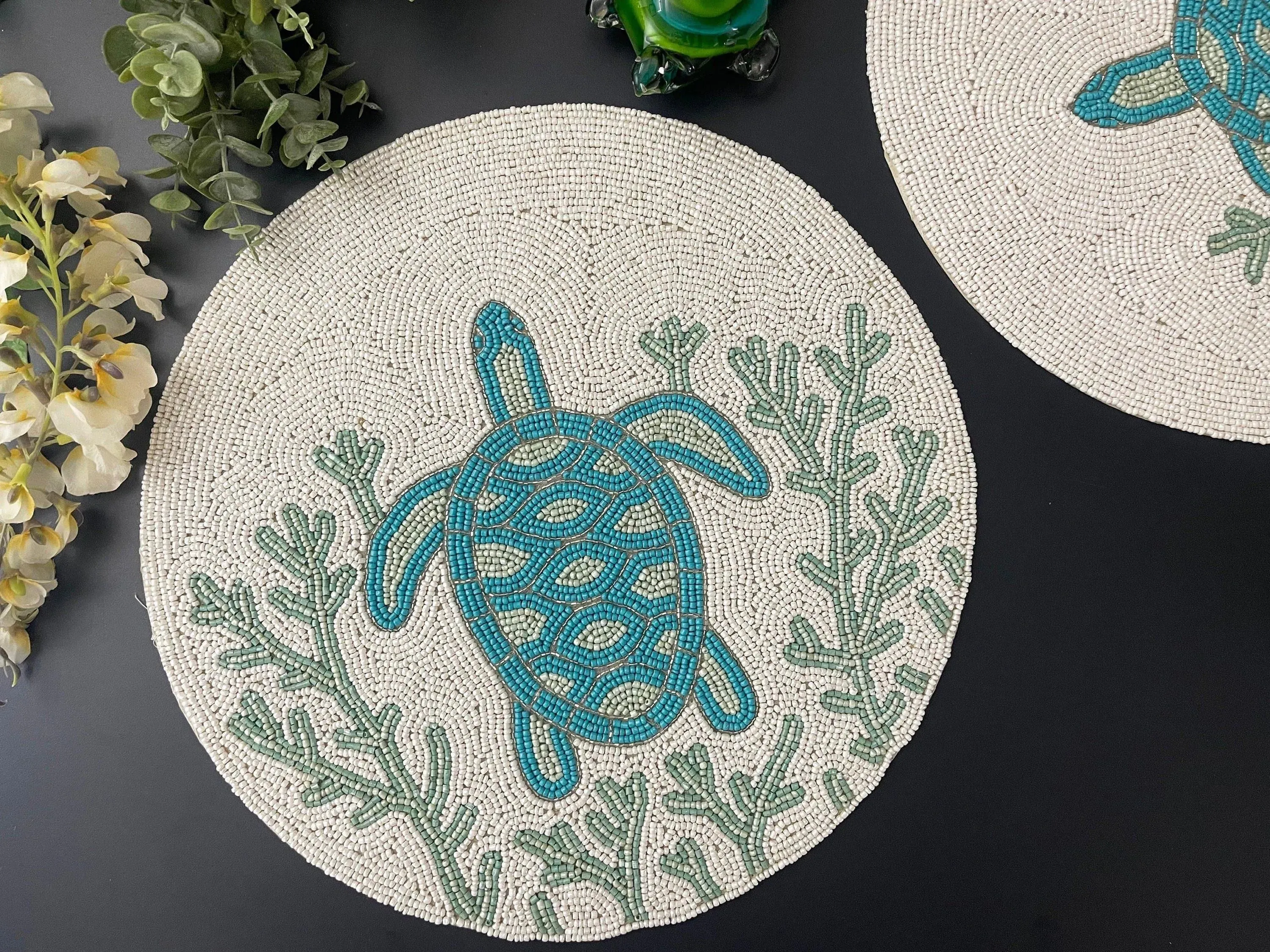 Turtle and Coral Round Beaded Placemat