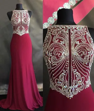 Unique beaded chiffon red long prom dress, evening dress