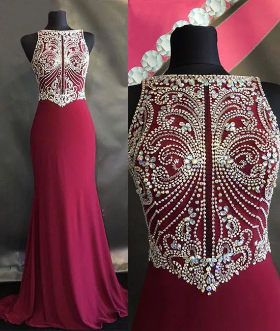 Unique beaded chiffon red long prom dress, evening dress