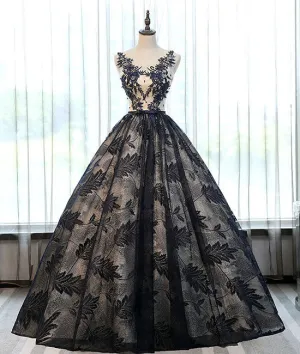 Unique lace round neck lace long prom dress, lace evening dress