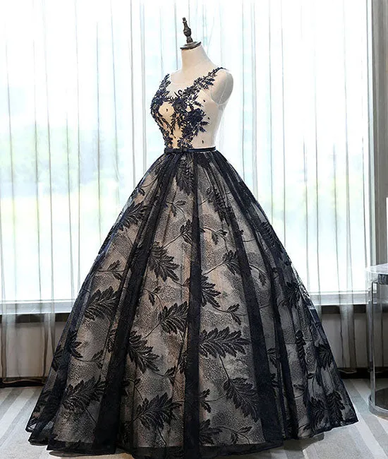 Unique lace round neck lace long prom dress, lace evening dress