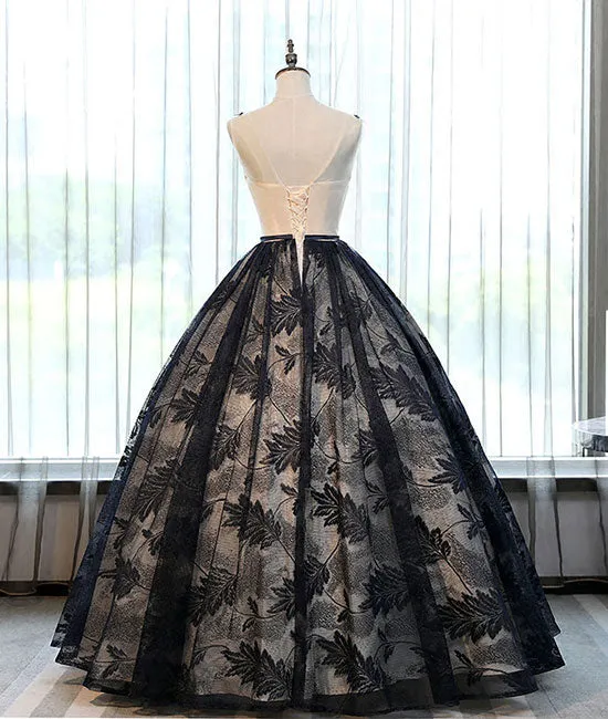 Unique lace round neck lace long prom dress, lace evening dress