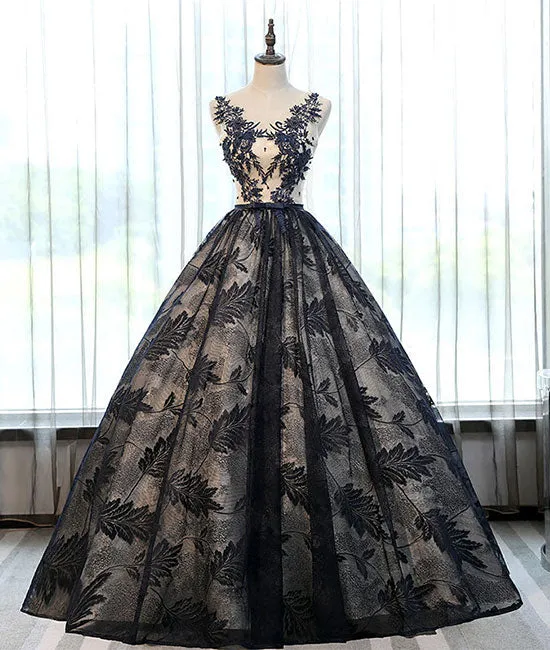 Unique lace round neck lace long prom dress, lace evening dress