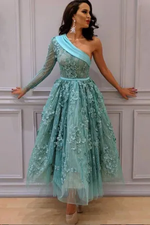 Unique one shoulder lace short prom dress, green evening dress