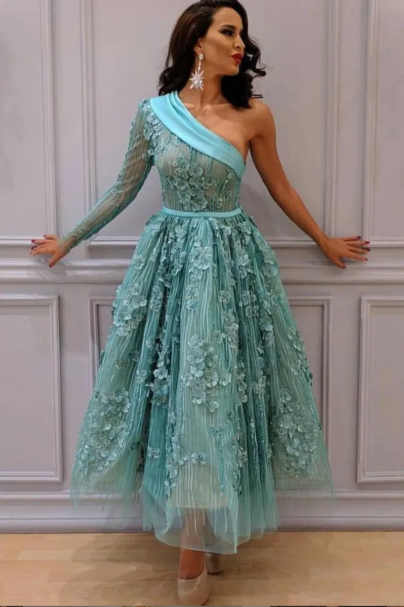 Unique one shoulder lace short prom dress, green evening dress