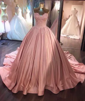 Unique pink sweetheart lace long prom gown, sweet 16 dress