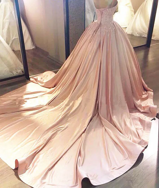 Unique pink sweetheart lace long prom gown, sweet 16 dress