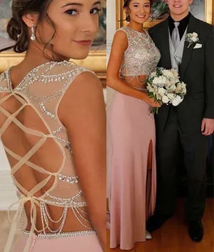 Unique pink two pieces sequin long prom dress, pink formal dress
