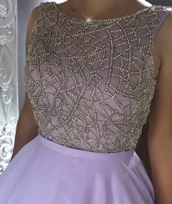 Unique round neck beads purple long prom dress, purple evening dress