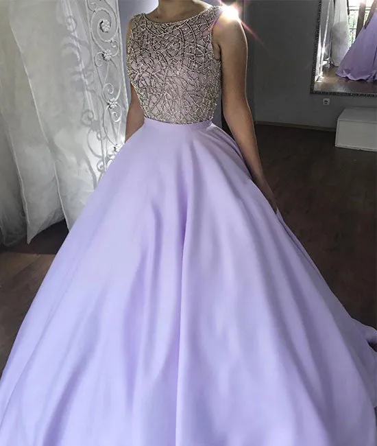 Unique round neck beads purple long prom dress, purple evening dress
