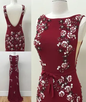 Unique round neck chiffon beads long prom dress, burgundy evening dress