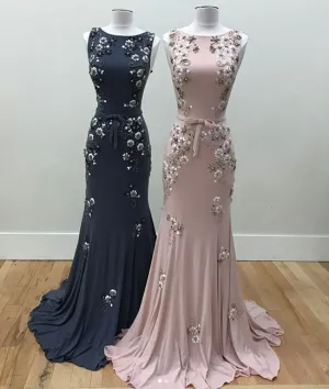 Unique round neck mermaid beads long prom dress, evening dress