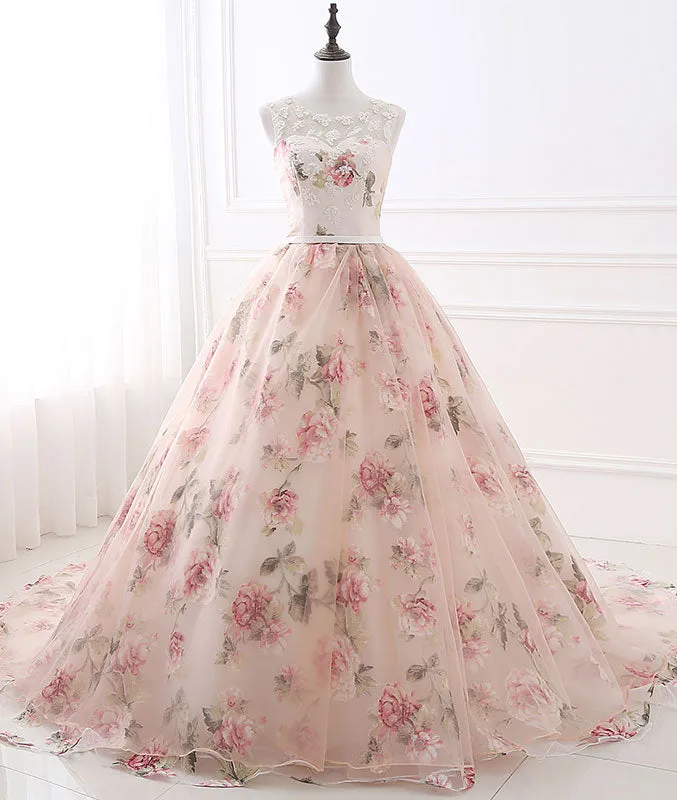Unique round neck tulle long prom gown, unique evening dress