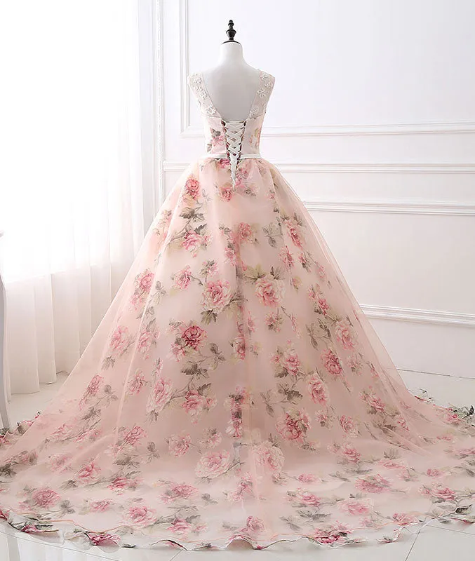Unique round neck tulle long prom gown, unique evening dress