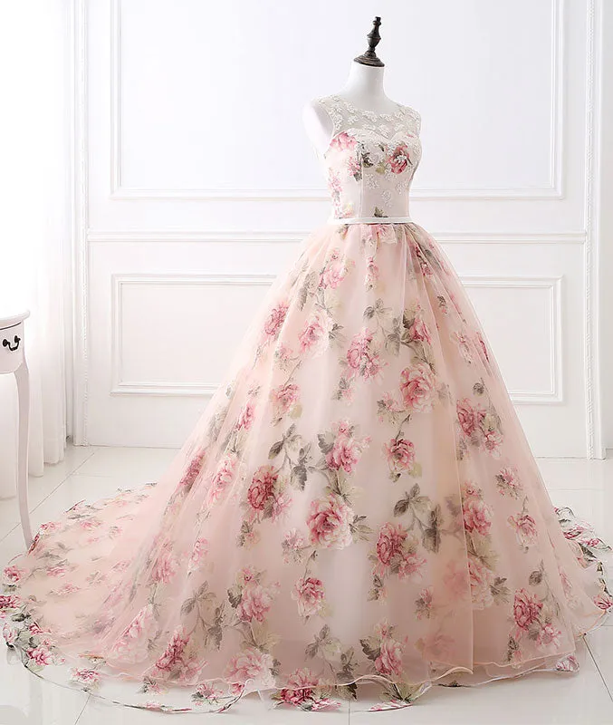 Unique round neck tulle long prom gown, unique evening dress