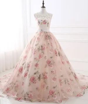 Unique round neck tulle long prom gown, unique evening dress