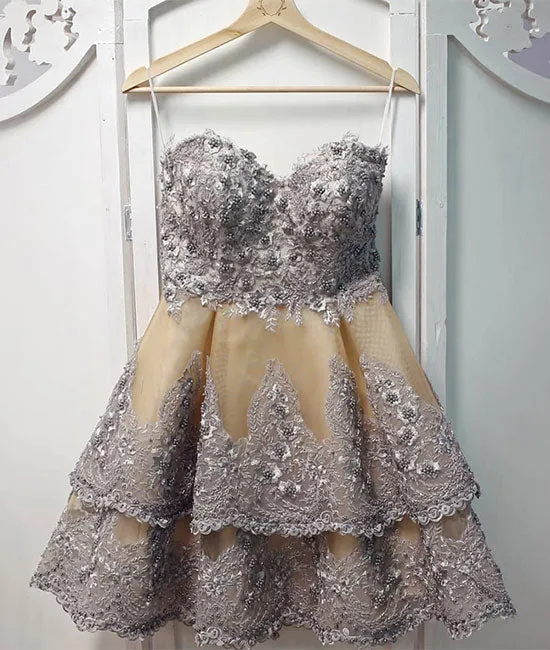Unique sweetheart neck lace short prom dress, gray homecoming dress