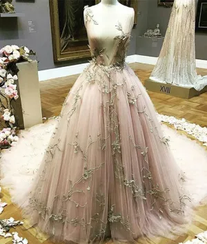 Unique tulle applique long prom dress, formal dress