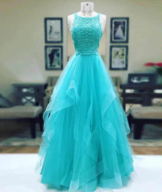 Unique tulle lace long prom dress, tulle evening dress