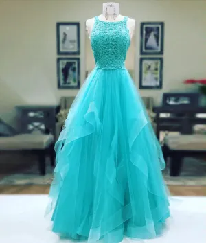 Unique tulle lace long prom dress, tulle evening dress