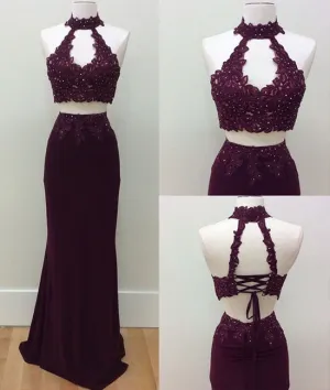 Unique two pieces lace applique long prom dress, lace evening dress
