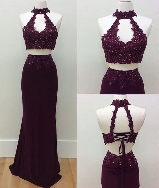 Unique two pieces lace applique long prom dress, lace evening dress