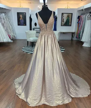 Unique v neck beads long prom dress, beads evening dress