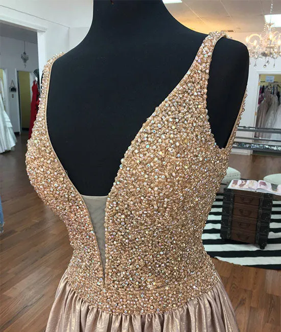 Unique v neck beads long prom dress, beads evening dress