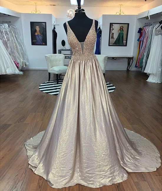 Unique v neck beads long prom dress, beads evening dress