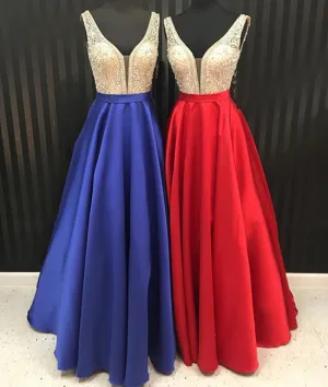 Unique v neck beads long prom dress, evening dress