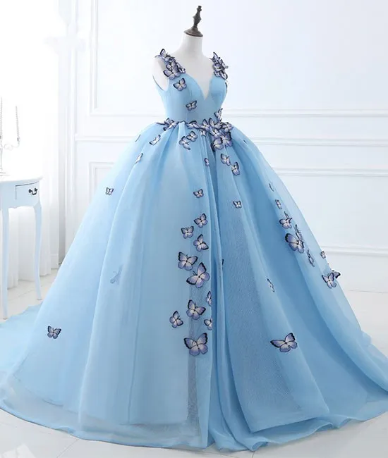 Unique v neck blue long prom dress, sweet 16 dress