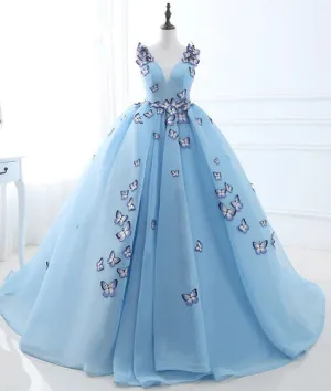 Unique v neck blue long prom dress, sweet 16 dress