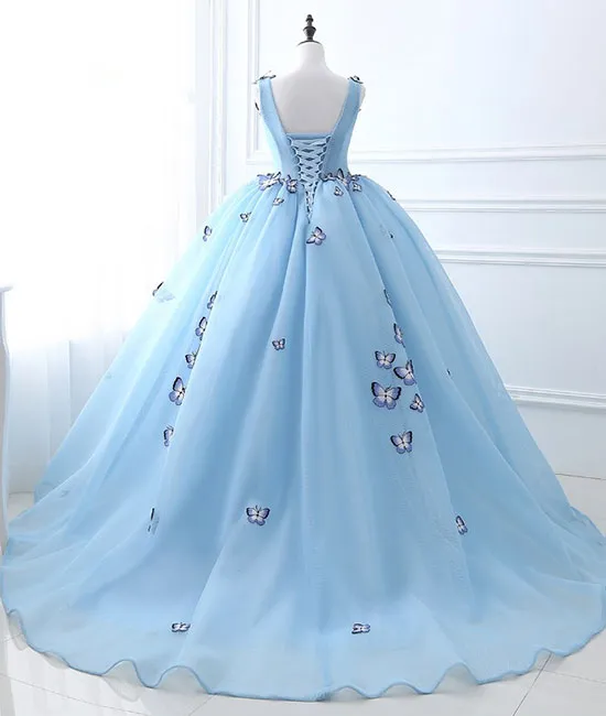 Unique v neck blue long prom dress, sweet 16 dress